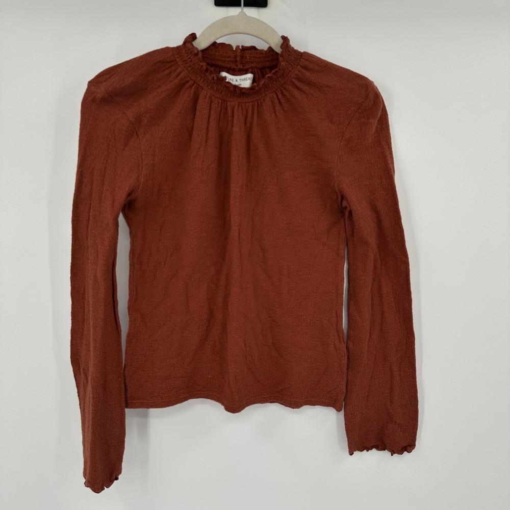 Madewell‎ Texture Thread Rust Brown Smocked Mock Neck Cotton Top XXS Long Sleeve